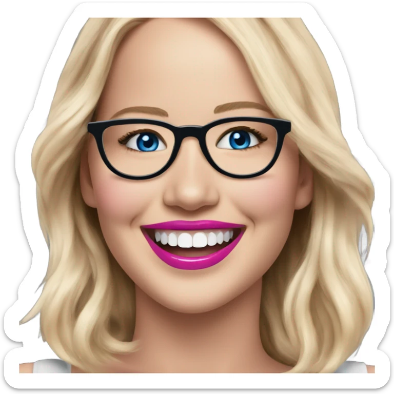 Happy laughing Jennifer Lawrence,  blue eyes wearing glasses and pink lipstick  sticker