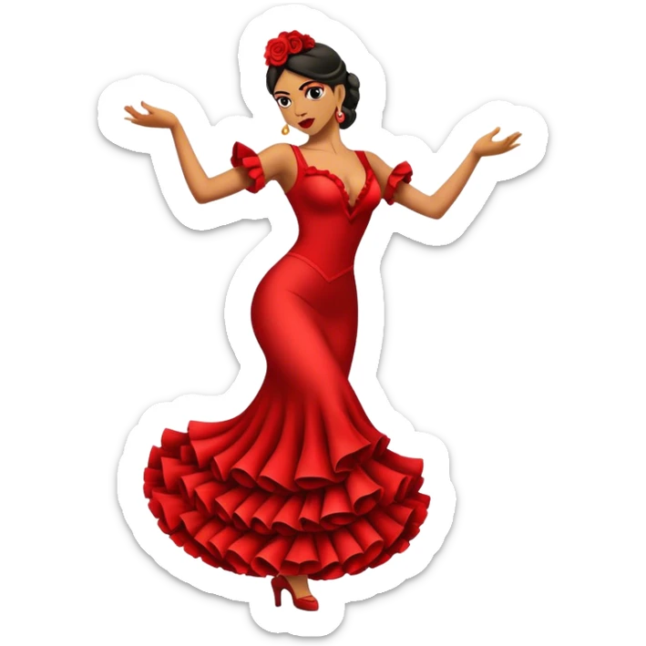 Cinematic Realistic Flamenco Dance Emoji, depicted as a passionate expressive flamenco performance with dramatic costumes and dynamic fiery movements, rendered with vibrant textures and bold energetic lighting that captures its intense rhythm. sticker