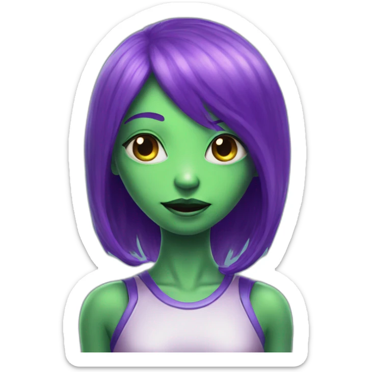 An alien girl with green skin and purple hair says hi sticker