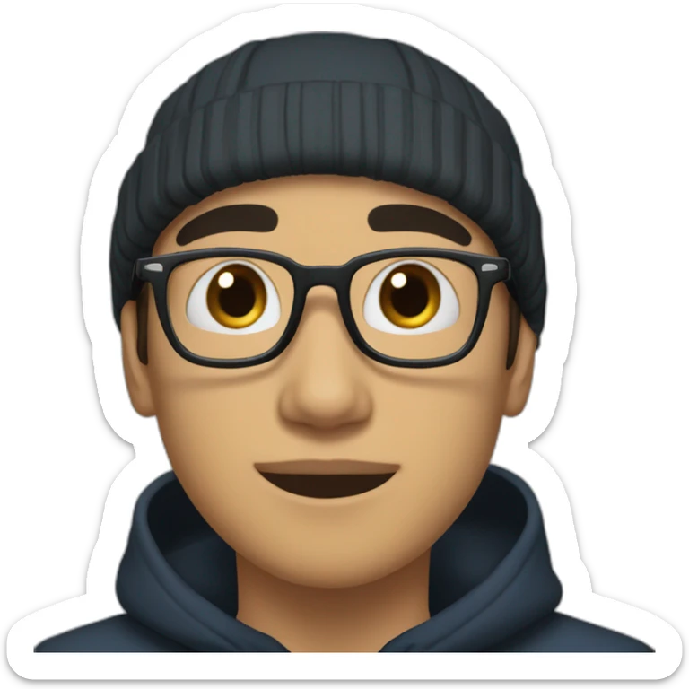 a light skin Pakistani teenager, wearing round glasses, short moustache, black hair, black jumper/sweater, structured manly face, blue islamic cap sticker