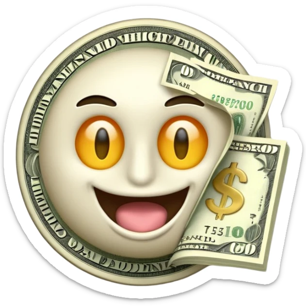 3D glossy money emoji sticker, dollar-sign eyes, cash flying out of mouth, centered. Add curved caption above the emoji: "ТГ - MHGPT4", bold, high-contrast, perfectly readable, sticker outline. Transparent background. sticker