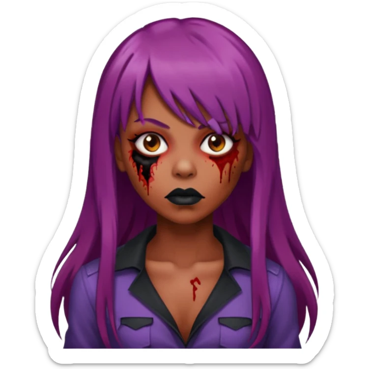 vampira gótica parda zumbi de cabelo longo e vermelho quase roxo e franja e roupa com decote e batom preto sticker