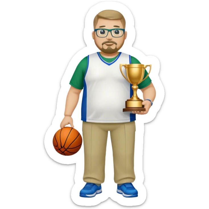 full body white obese male basketball coach with trophy. Goatee , Wearing glasses and blue and green polio with khaki pants sticker