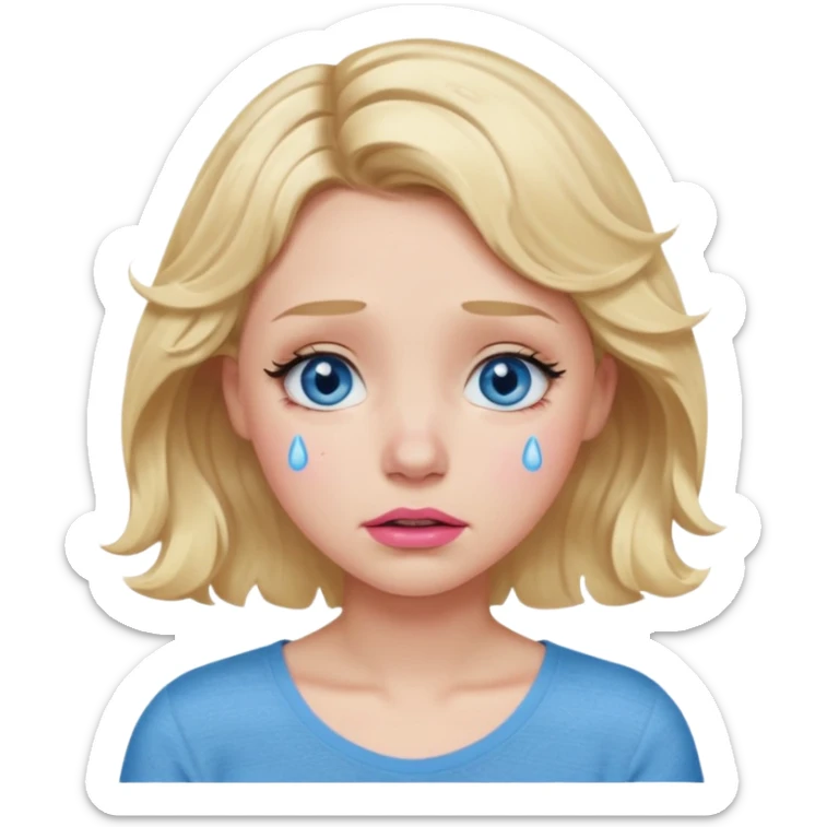 Girl Blonde short wavy hair,  blue eyes, cute blue top, long lashes, pink lips,crying with tears running down the face  sticker