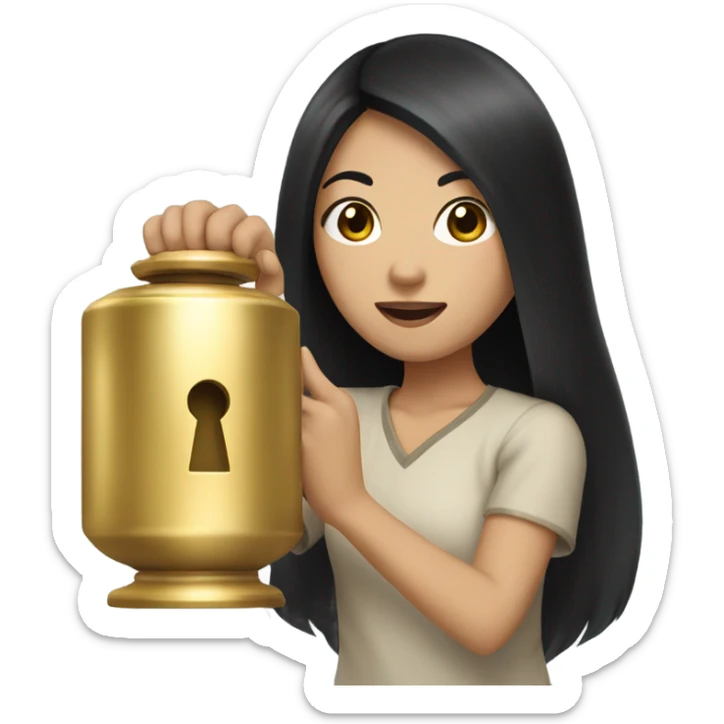 asian girl with long black hair holding a golden doorknob sticker