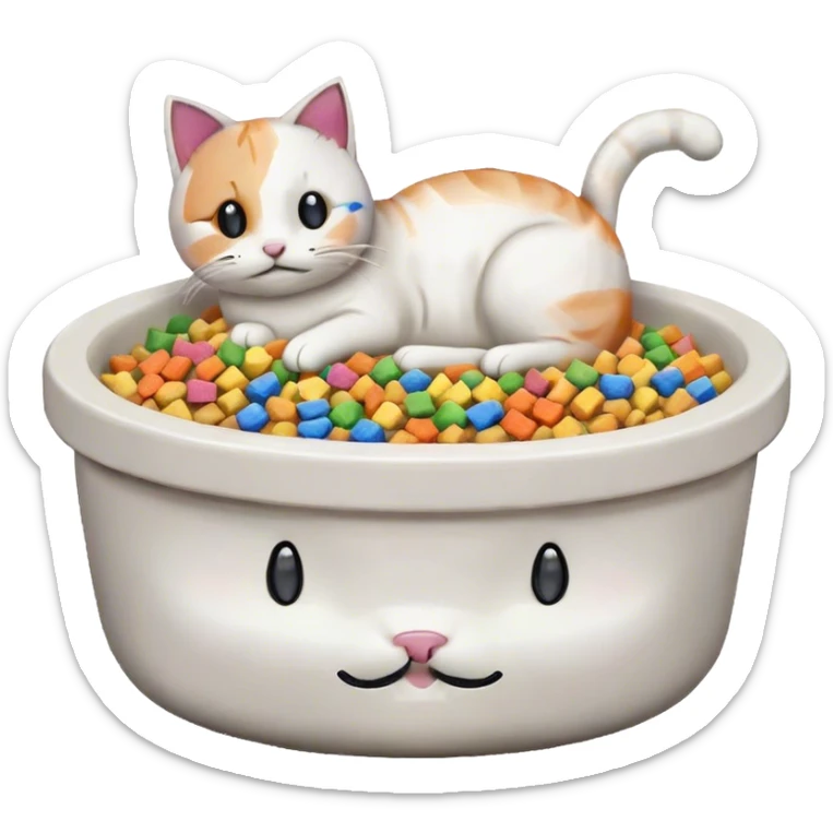in the style of pixel art, make a cat pet food bowl for a cat. In the bowl is white cat food which is piled so high on top of the bowl. There are small pieces of rainbow food in the bowl too. Take away the cat from on top of the bowl sticker