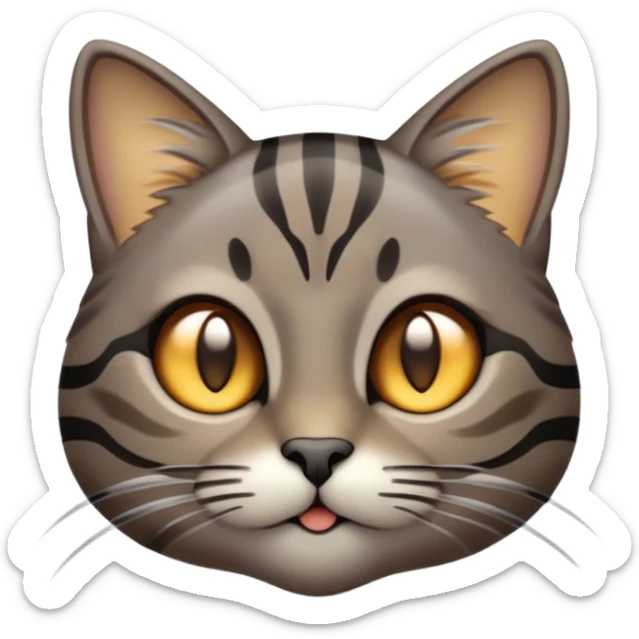 Cinematic Cute Grey and Black Brown Tabby Cat Portrait Emoji, Head tilted playfully and inquisitively, sleek grey-brown fur with bold black tabby stripes and a distinctive M-shaped marking on the forehead, sparkling amber eyes, Simplified yet irresistibly adorable features, highly detailed, glowing with a warm, friendly glow, high shine, affectionate and curious, stylized with a touch of whimsy, bright and endearing, soft glowing outline, capturing the essence of a mischievous yet loving kitten, so playful it feels like it could pounce out of the screen and into your arms! sticker