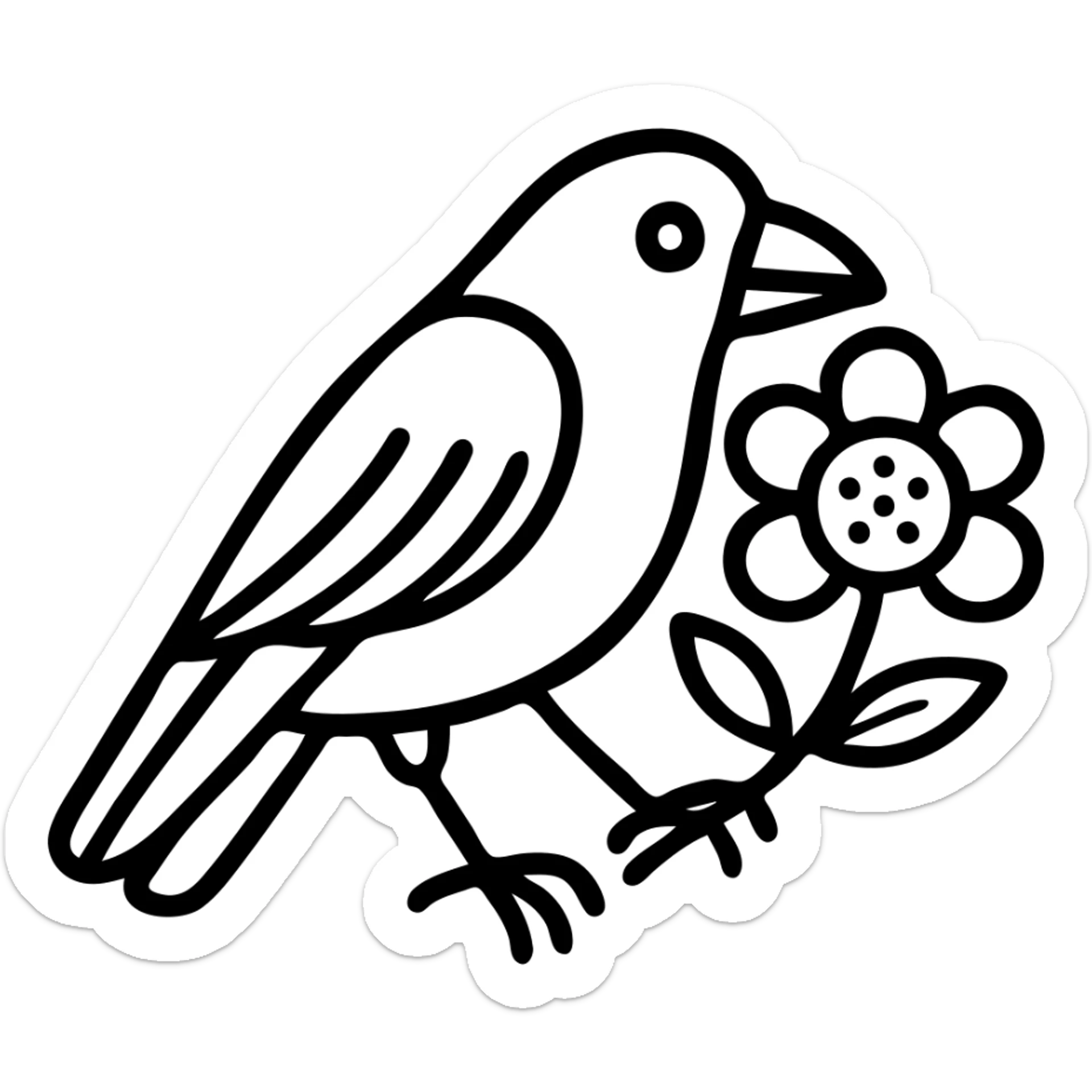 Make the flower motif look more Scandinavian folk art style with bright folk colors for the motif. Keep the black crow with bold black outline. The motif should also be outlined in black. The design should be simple and clear, with a transparent background. The style should match the previous heart set style, focusing on bold black outlines and clear folk art colors. sticker