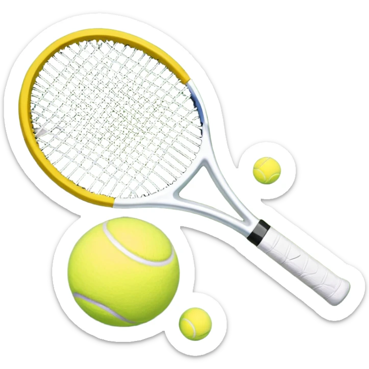 A tennis racket and ball on a grass or hardcourt surface, symbolizing the sport. The racket has a sleek design with tightly strung strings, while the bright tennis ball rests nearby, capturing the essence of precision, agility, and competition. sticker