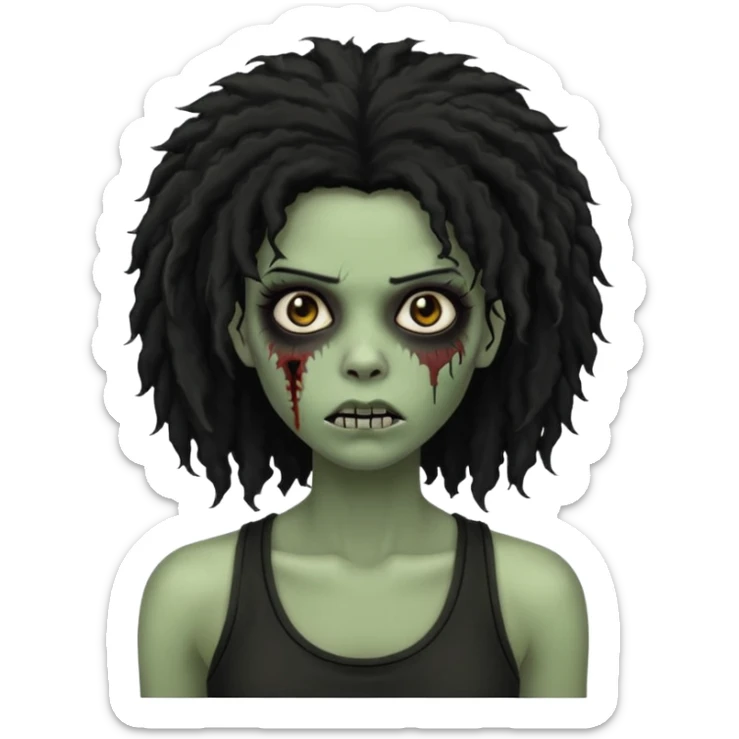 a female zombie with sage green skin, black long afro afro hair with edges, and a black tank top  sticker