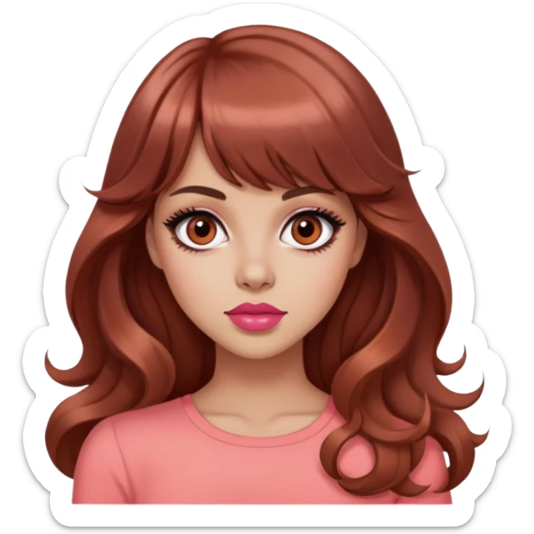 pretty woman, popular mean girl, light tan skin, big black eyes, long wavy reddish brown hair, bangs, pink top, coral lipstick sticker