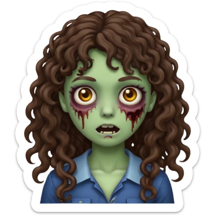 Emoji garota zombie com cabelo castanho escuro cacheado longo com franja cacheada sem volume sticker