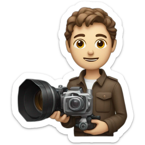 European film director with brown piled short hair holding a cinema camera sticker