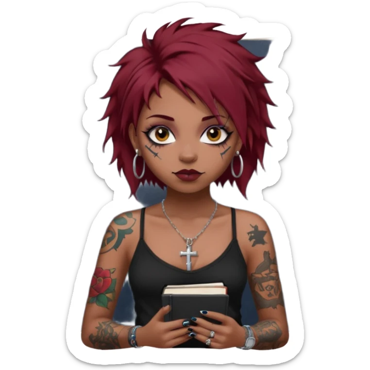 generate an ios genmoji of a girl with dark red messy hair with eyeliner on her eyes.  septum piercing, wearing a cami black top, has tattoos, on shoulders. ear piercings. wearing a cross silver necklace. Holding an overfilled sketchbook. dusky skin color. Holding redbull in the other hand sticker