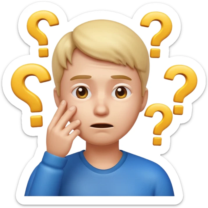 3D glossy emoji of a confused person feeling lost, hand on chin, raised eyebrow, looking up, small question marks around head, faint maze background, soft gradient, centered, transparent background.\ sticker