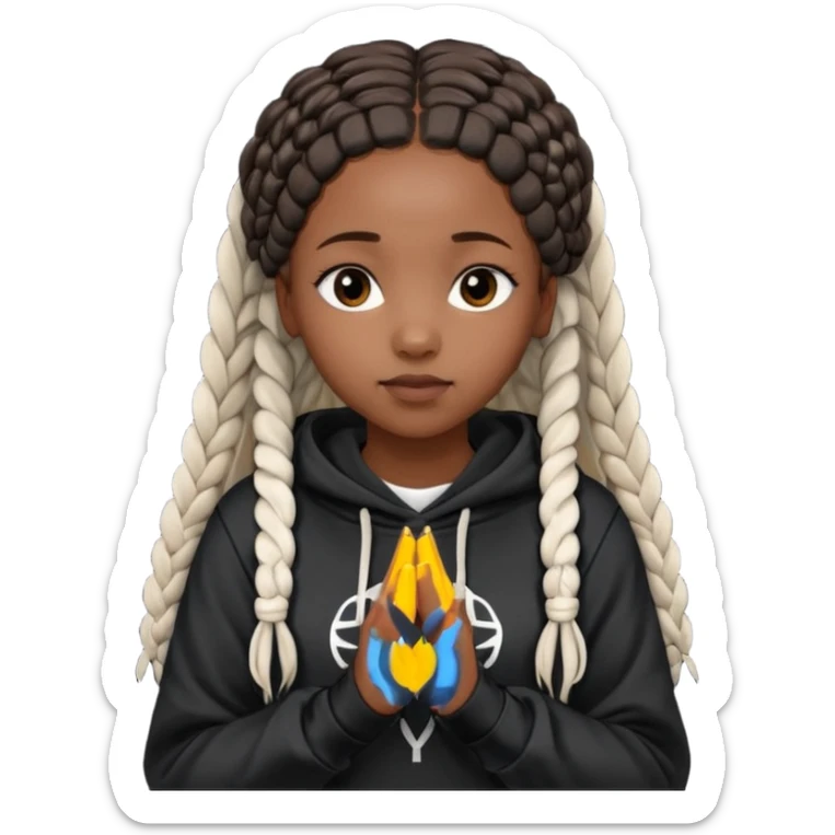African American girl dark skin with long box braids and plain black hoodie with prayer hands sticker