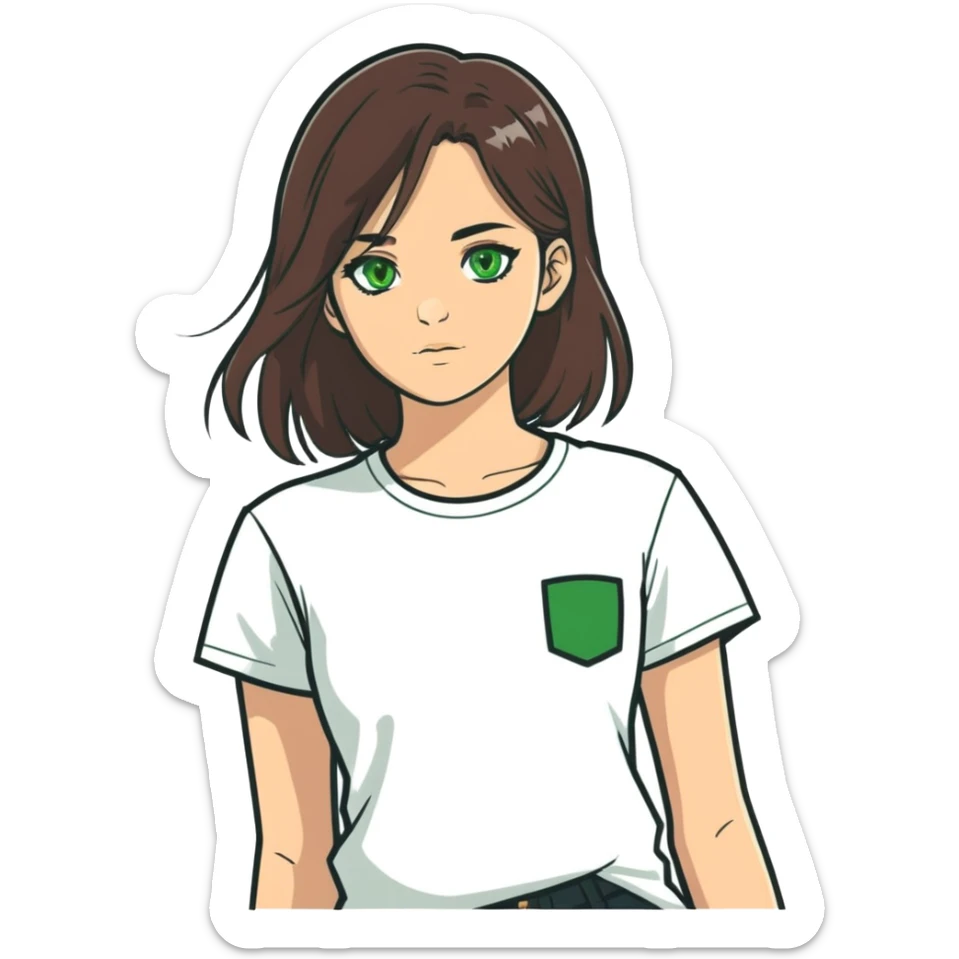 Make an girl with brunette hair green eyes and with an white t-shirt sticker