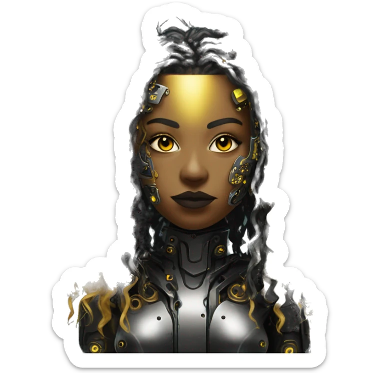 black metal female cyborg head with circuitry and yellow gold curly hair sticker