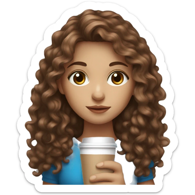 girl with fair skin long brown curly hair and blue eyes drinking a coffee sticker