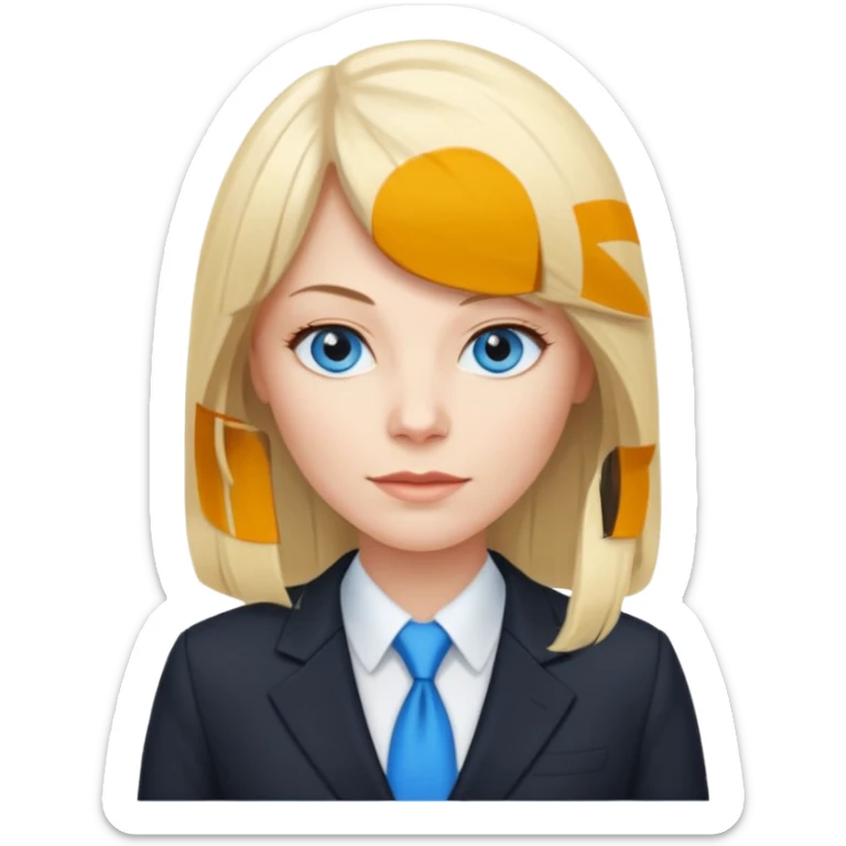 40 yr old white woman, pale skin, long straight blond hair parted in center, blue eyes, bangs, dress clothes for work sticker