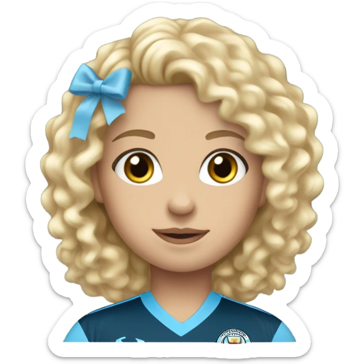 A girl with blonde curly hair blue eyes wearing a Man City top sticker