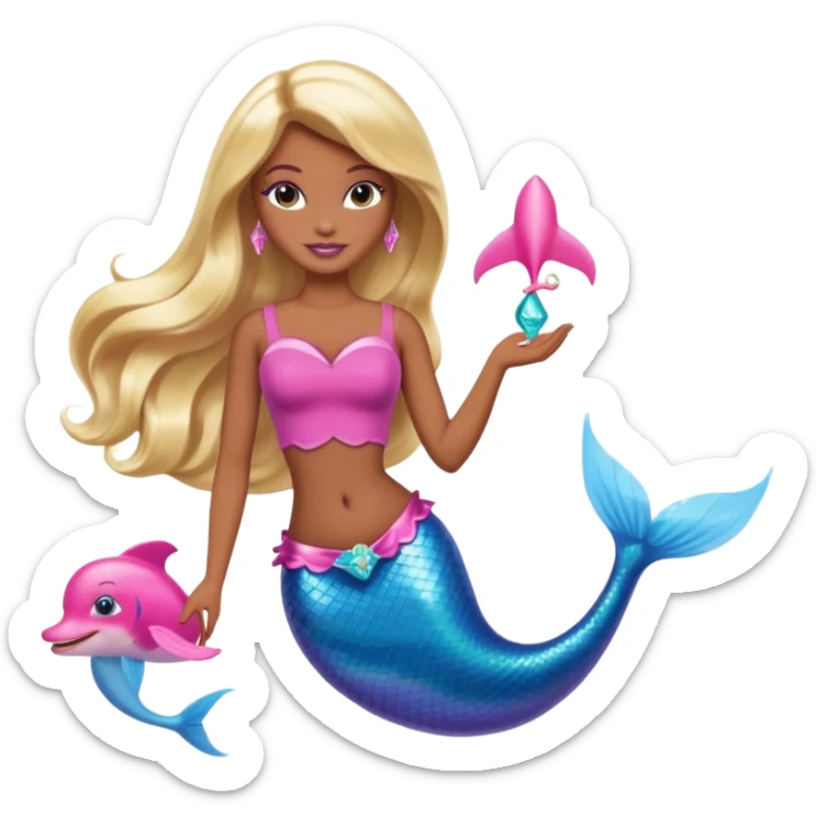 Brown skin blonde hair barbie mermaid with pink dolphin  sticker