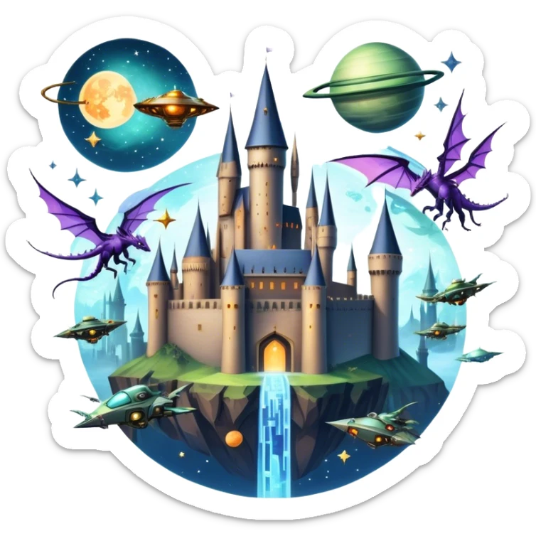 Icon for Fantasy and Sci-Fi Movies: A magical collage with flying dragons. futuristic spaceships and UFOs. Stars and planets shimmer in the background with a mystical castle Hogvards an ancient wizard and robots. The atmosphere is epic, otherworldly and adventurous. Transparent background. sticker