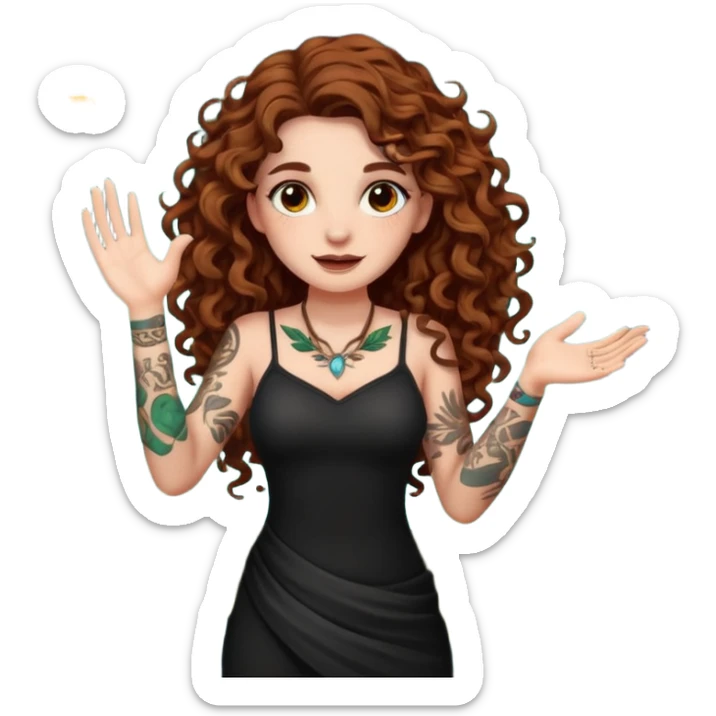 full body view of a woman with long curly brown hair, brown eyes, white skin, tattoos, slow sarcastic clap, glowing leaves falling sticker