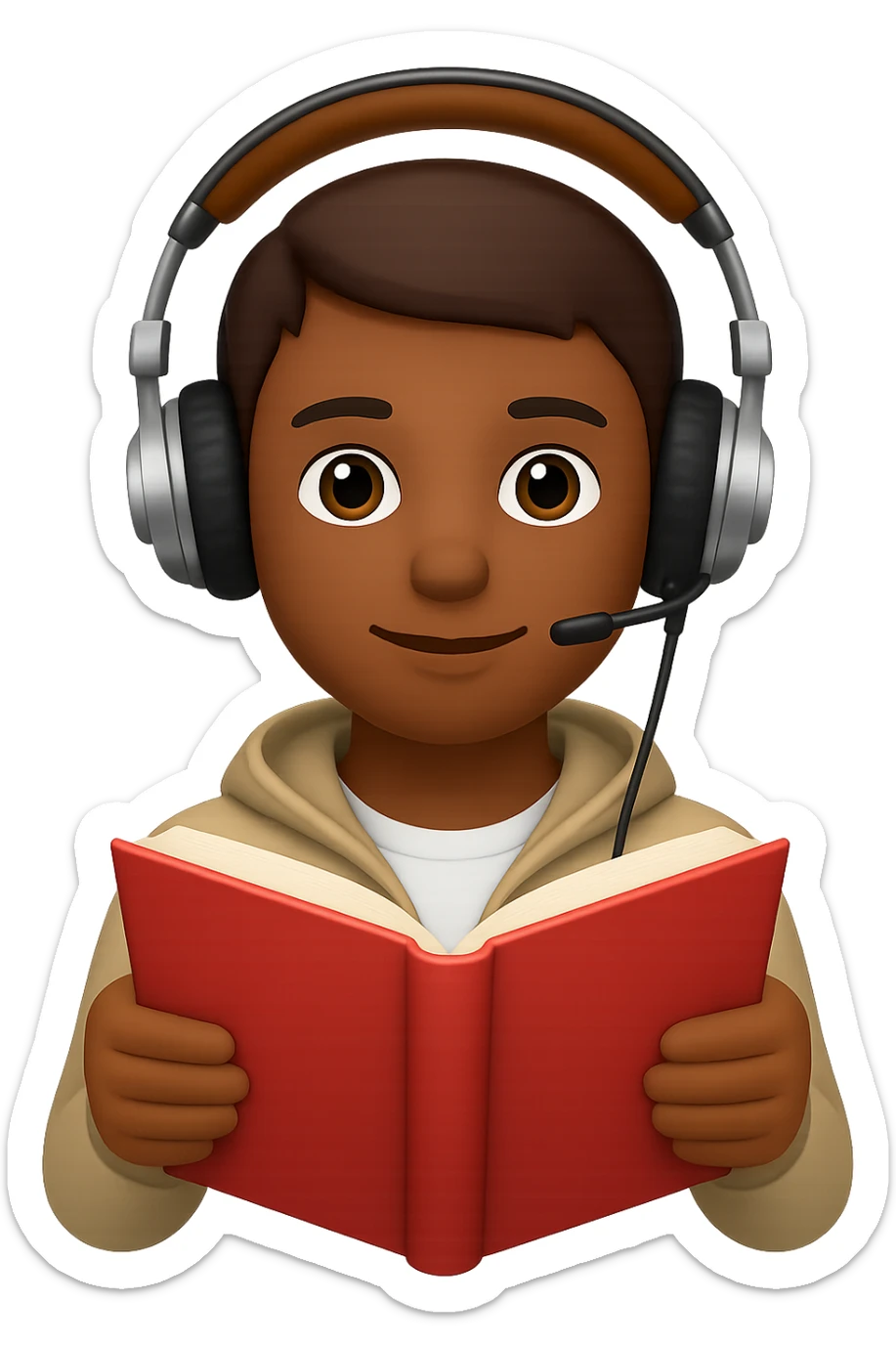 Add headphones to the audio book lover emoji, keeping the background transparent. Maintain the original style and details of the emoji while adding the headphones clearly visible on the head. sticker