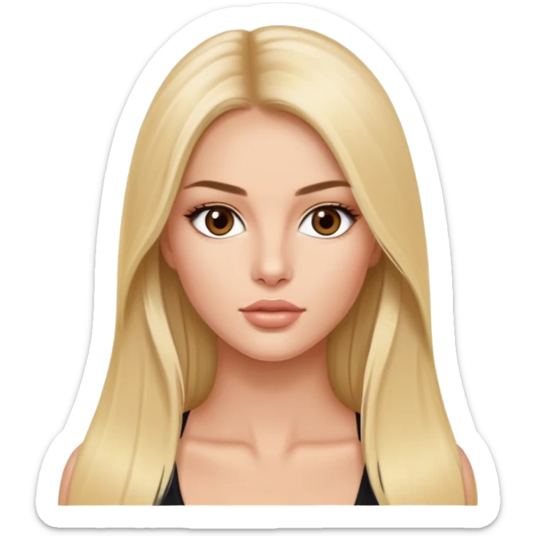victoria’s secret model with long blonde straight hair, dark brown almond eyes, oval face, small lips sticker