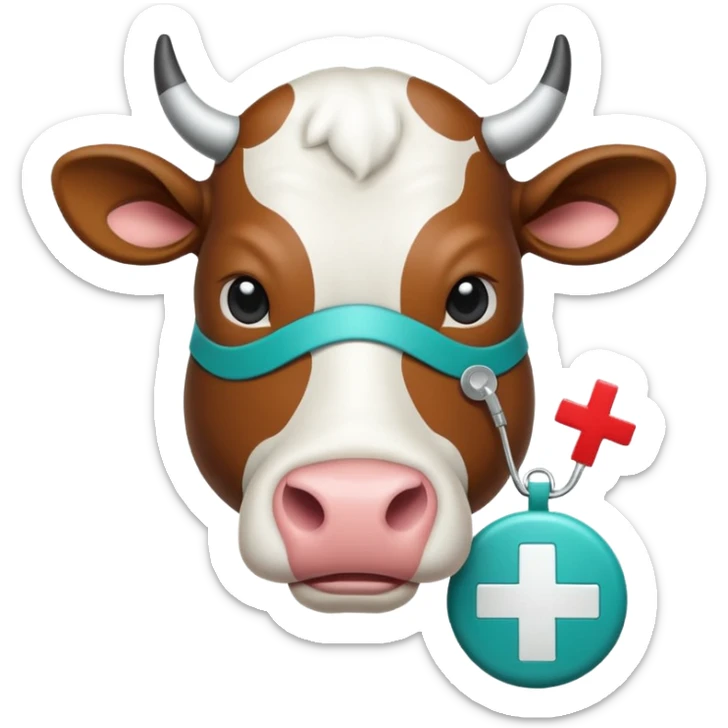 Emoji-style icon of a cow and buffalo with a medical cross and warning pulse or health indicator, showing disease detection. Simple emoji design, teal and white theme, no text, transparent background. sticker