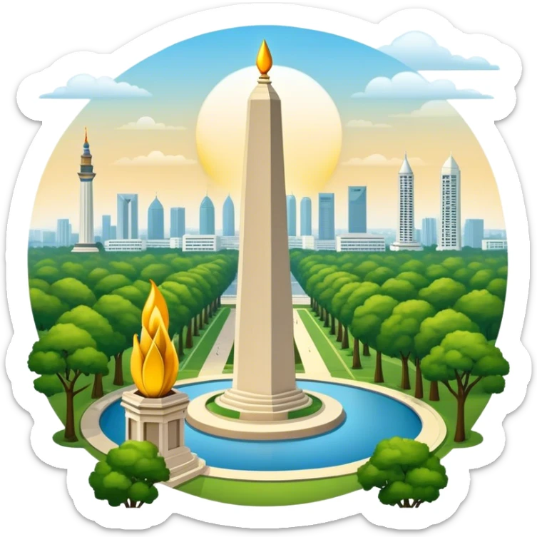 Cinematic Realistic Monas Landmark Emoji, showcasing the National Monument in Jakarta, a towering obelisk with a golden flame, set within a lush park under a clear, radiant sky. sticker