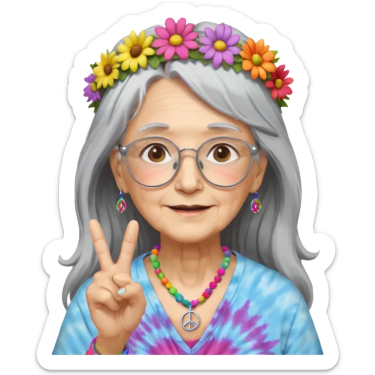 elderly woman with long grey hair, glasses, peace sign necklace, tie-dye clothing, flower crown sticker