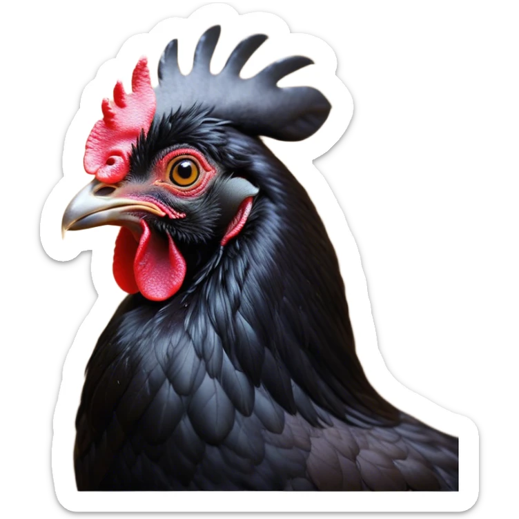 Cinematic Noble Black Chicken Portrait Emoji, Poised and regal, with a compact, sturdy build and a glossy, well-groomed pure black plumage, deep-set soulful beady eyes, Simplified yet sharp and sophisticated features, highly detailed, glowing with a soft, dignified glow, high shine, intelligent and alert, stylized with an air of mysterious elegance, focused and attentive, soft glowing outline, capturing the essence of a watchful and confident fowl, so majestic it feels as though it could strut out of the screen with effortless authority! sticker