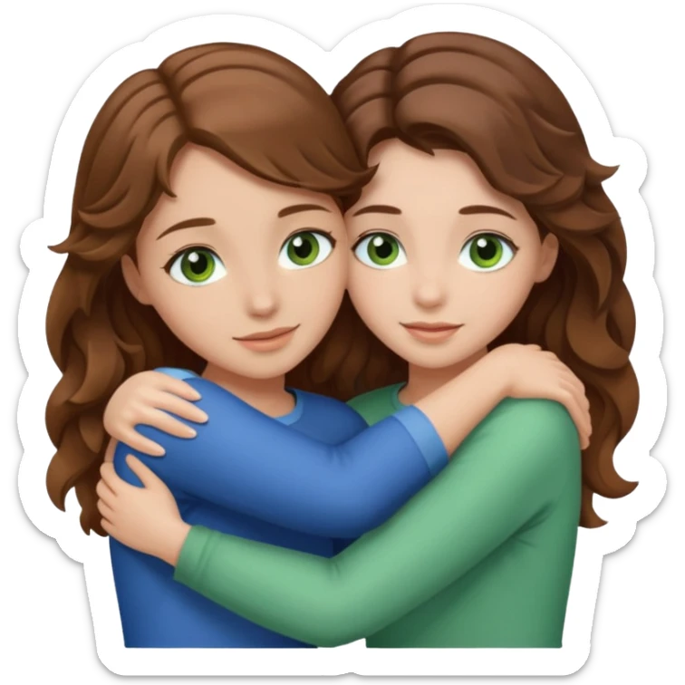 make me and my best friend togheter i have brown hair that falls on my shoulders and brown eyes and she has really long wavy light brown hair and green/blue eyes we are hugging or taking a selfie  sticker