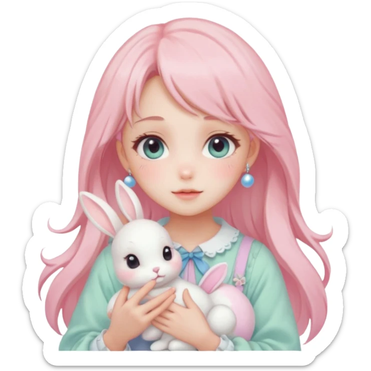 Gorgeous pastel anime style lady with blushing face and holding a bunny cottagecore fairycore pastelcore colorful pearly romantic simplistic aesthetic trending style sticker