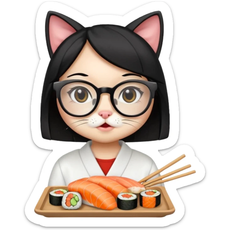 cute girl cat with straight hair and really big square glasses with super thin frames eating sushi sticker