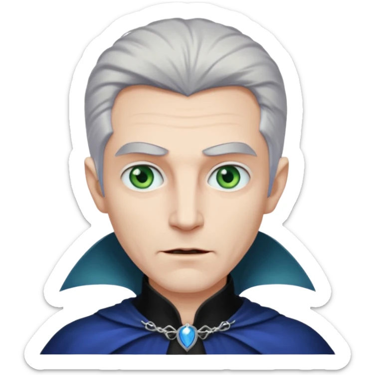 A tall vampire man with gray hair and blue eyes. A princess with light brown hair and green eyes sticker