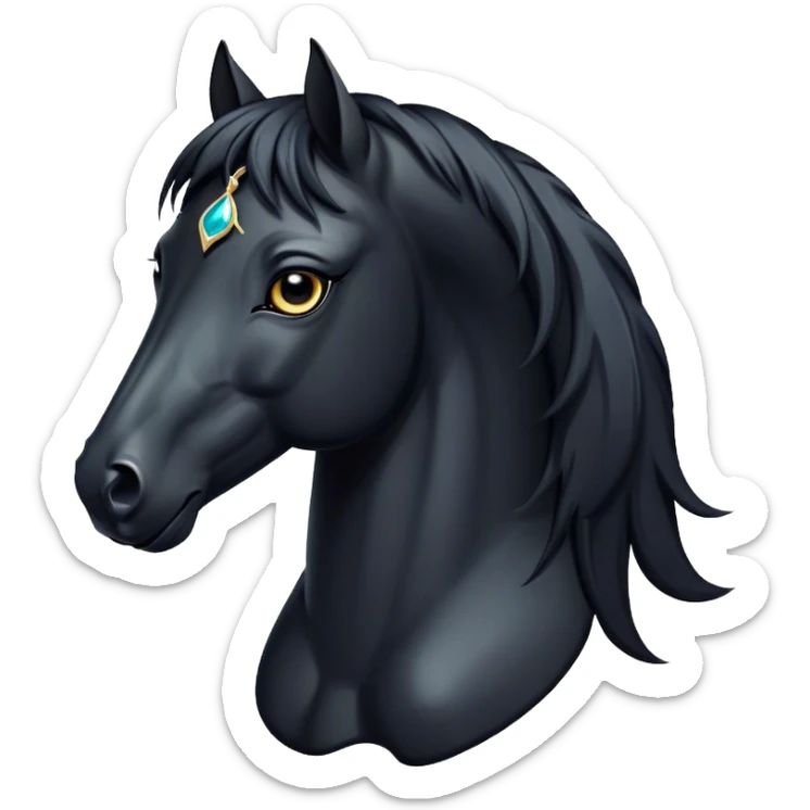 Cinematic Elegant Black Horse Portrait Emoji, Head held high with a serene, powerful gaze, showcasing a magnificent jet-black fur with a radiant, glossy finish, a flowing mane and tail, and piercing dark eyes exuding beauty and strength, Simplified yet majestically refined features, highly detailed, glowing with a soft, ethereal light, high shine, poised and breathtaking, stylized with an air of pure elegance, capturing the essence of a stunning and graceful steed, so beautiful it feels like it could gallop out of the screen with effortless charm! sticker