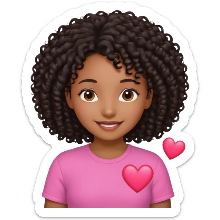 A brown skin girl with a black curly 4C hair and she has a pink Shirt that has a heart  sticker