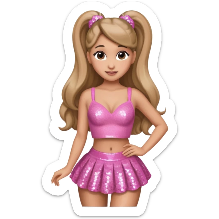 Ariana Grande with dark blonde hair, pink sequin bra, pink sequin skirt sticker