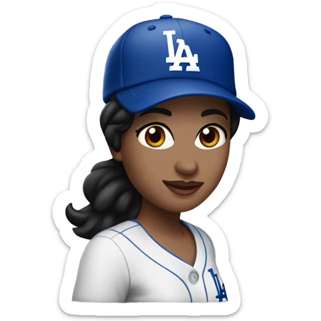 Woman, black hair, fair skin, brown eyes, LA Dodgers hat, birthday party sticker