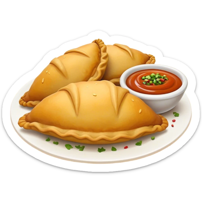 Cinematic Realistic Colombian Cornmeal Empanadas Emoji, showcasing the golden, crispy shell filled with savory meats and spices, served with a side of aji dipping sauce, rendered with vibrant textures and warm, inviting lighting. sticker