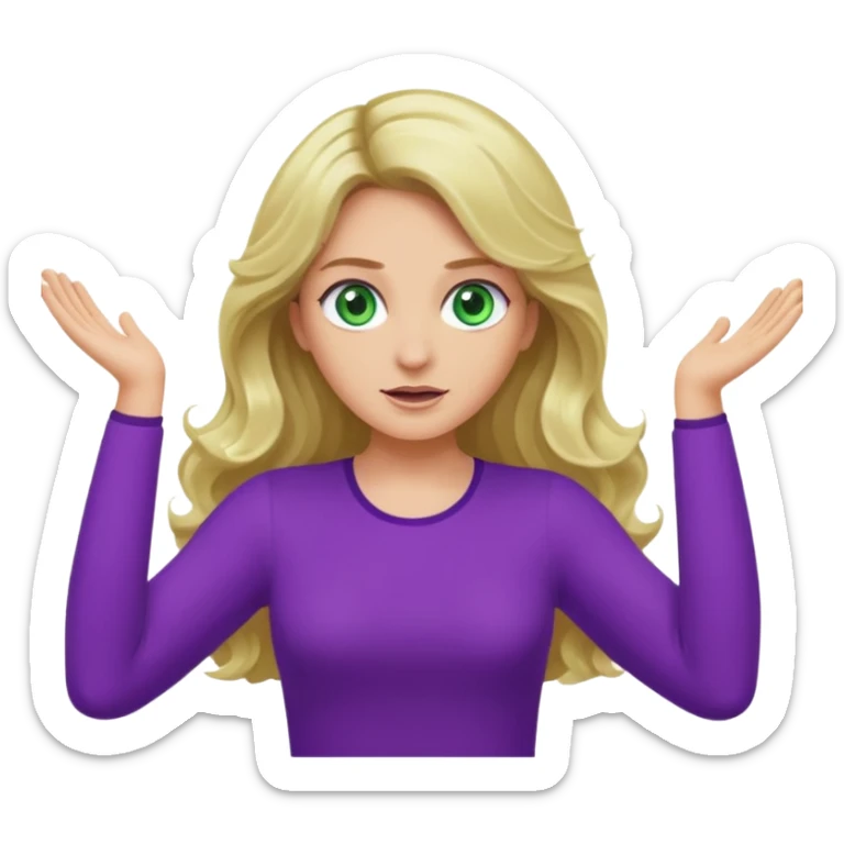 lady with long blonde wavy hair, green eyes and purple top top throwing arms in the as if confused sticker