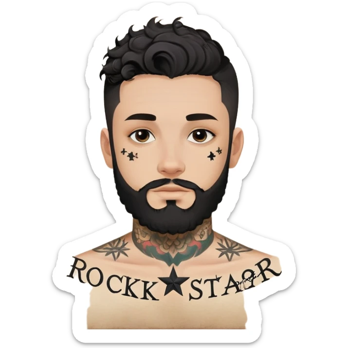 ki es un hombre joven con barba prolija, pelo corto a los lados y rulos oscuros arriba. Tiene varios tatuajes en la cara: una estrella negra pequeña debajo de su ojo derecho, la palabra “Rockstar” escrita en letra cursiva en la frente (lado derecho), y una cruz pequeña cerca del ojo izquierdo. En el cuello, suele tener diseños más grandes y oscuros, tipo lettering o símbolos, aunque suelen variar. Usa cadenas gruesas y ropa urbana (buzo oversize o campera deportiva), con expresión confiada o seria. sticker