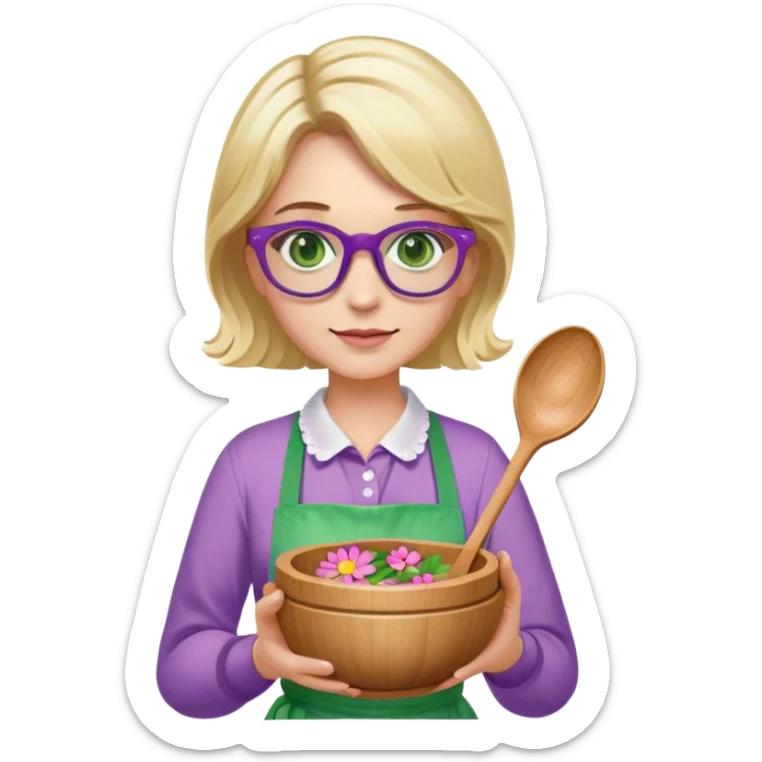 woman with blonde shoulder length hair, purple glasses, green eyes, flower apron, holding bowl and spoon sticker