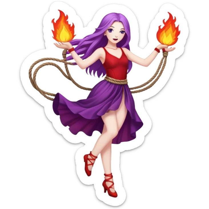 Full body rope on fire dance performer pale skin with long purple hair red dress sticker