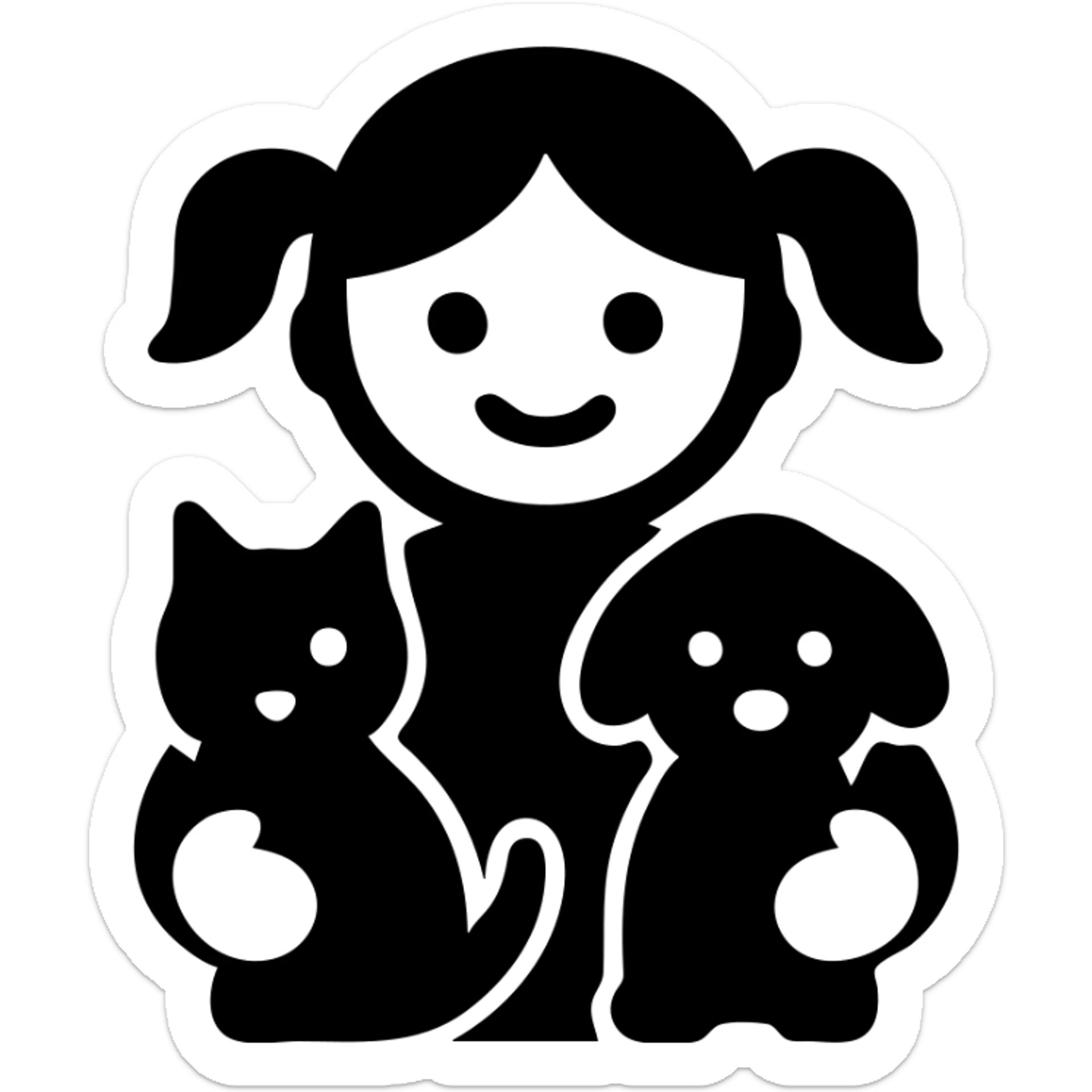 solid filled icon of a cute little girl holding a cat and dog, simple shapes, no color, bold and clear for small sizes sticker