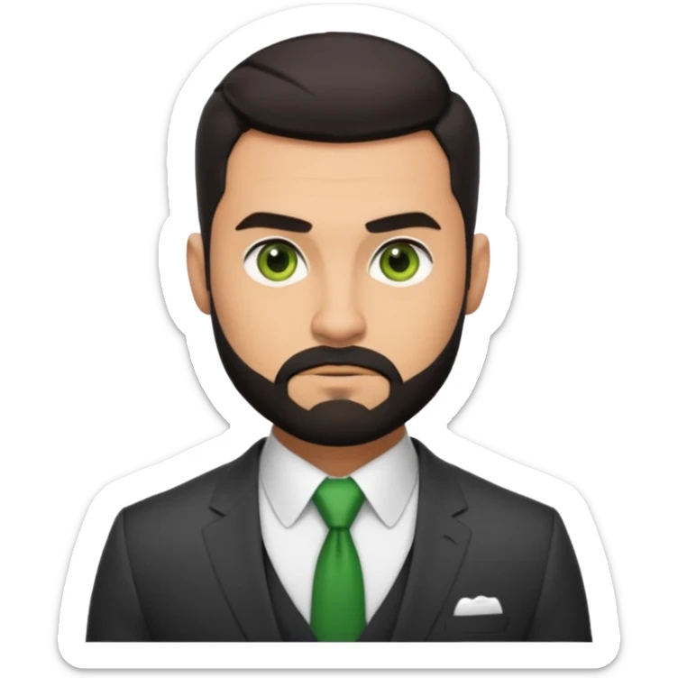 green eyes, dark short hair, muscular shoulders, big lips big nose big eyes, masculine good looking, dark beard wearing a suit buttons of the shirt open and olive skin tone  sticker
