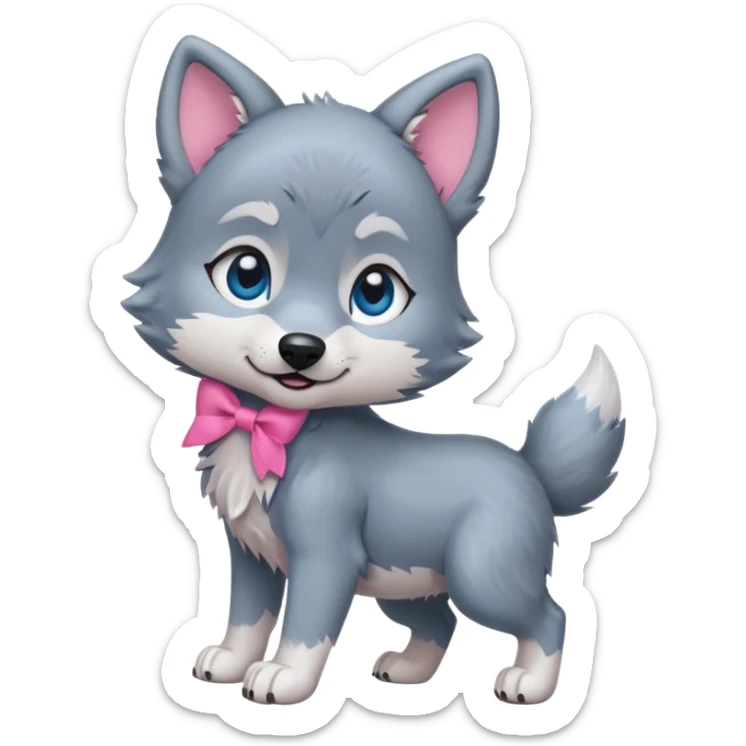 an animated gif-style sticker emote of a wolf puppy bent forward in a playful pose wagging its tail in a smooth, natural arc over its back. It has a pink bow in front of its ear and bright blue eyes sticker